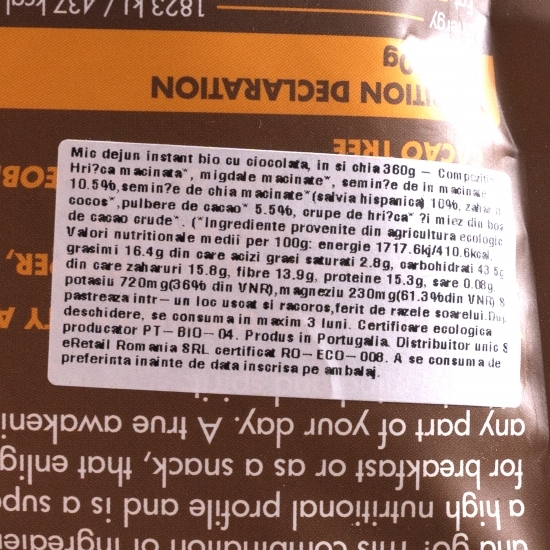 Mic dejun instant eco cu ciocolată, in și chia 360g