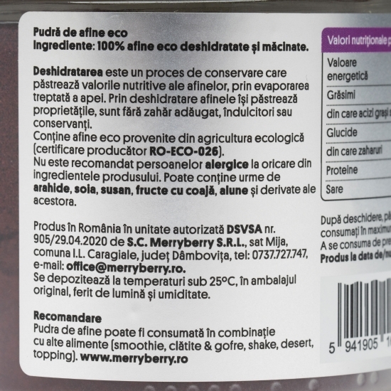 Pudră de afine eco, fără zahăr adăugat 100g