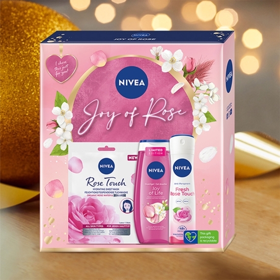 Set cadou: Mască șervețel Rose 1 buc  + Gel de duș Joy of Life 250ml+ Deodorant spray feminin Rose Touch 150ml