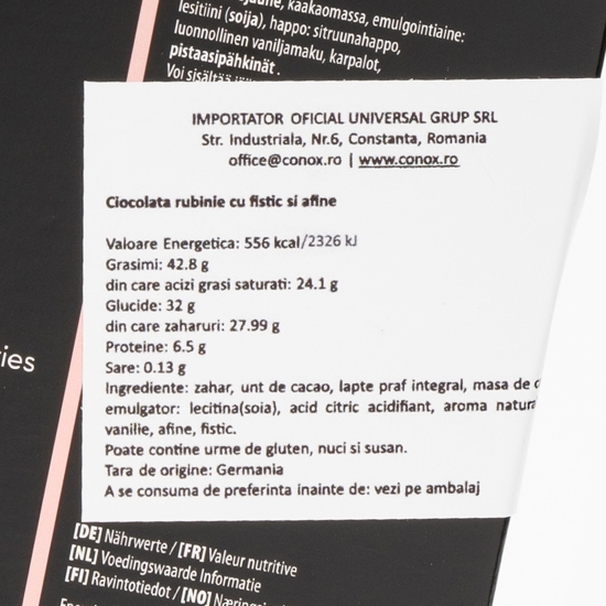 Ciocolată rubinie cu fistic și afine 100g