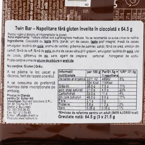 Napolitane fără gluten învelite în ciocolată Twin Bar 64.5g