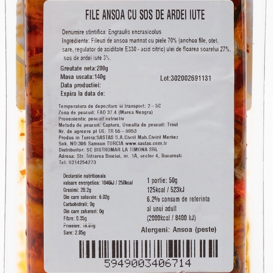 Fileuri de anșoa cu sos de ardei iute 200g