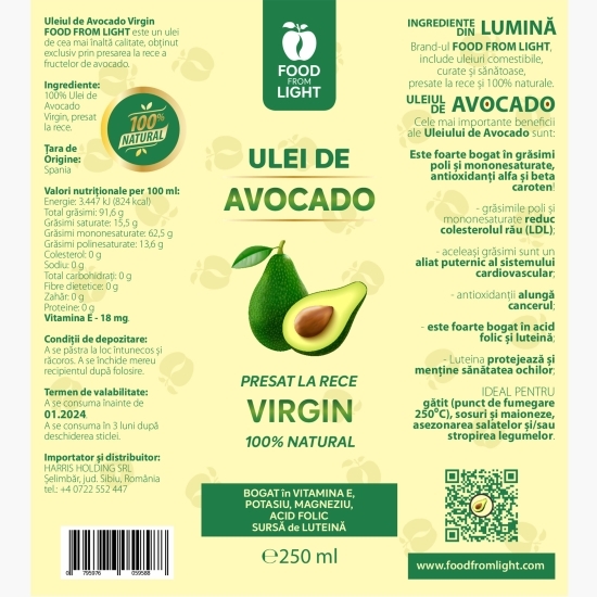 Ulei de avocado virgin - presat la rece 250ml