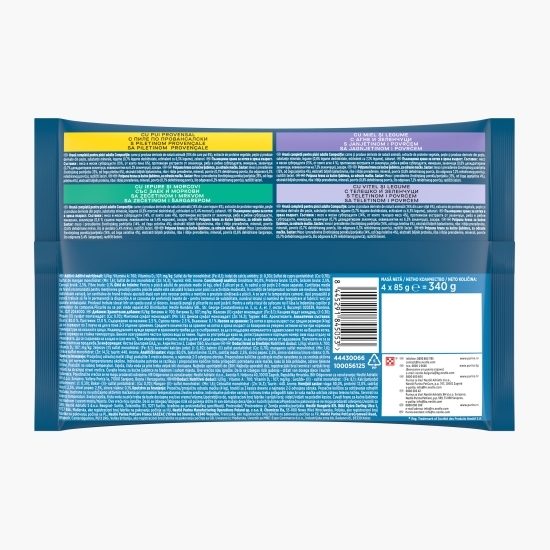 Hrană umedă pentru pisici, 4 x 85g, Perle pui provensal, miel și legume, iepure și morcovi, vițel și legume