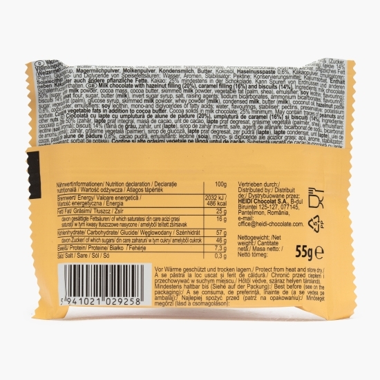 Ciocolată cu lapte și umplutură de alune de pădure, caramel și biscuiți, 55g