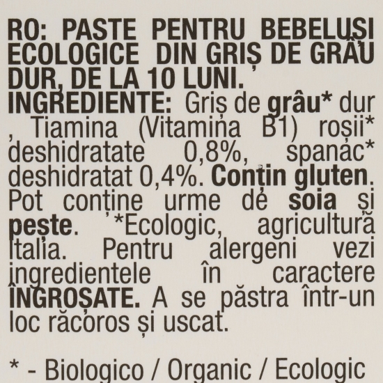 Paste eco pentru copii, Steline cu roșii și spanac, +10 luni, 200g