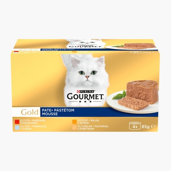 Hrană umedă pentru pisici, 4x85g, Multipack Mousse vită, ton, ficat și curcan