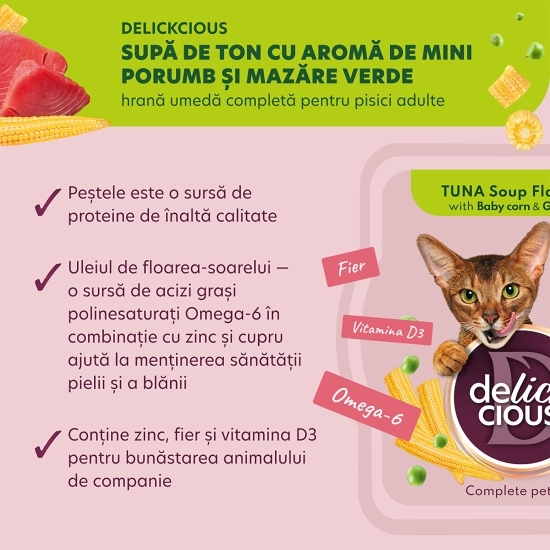 Hrană umedă complementară pentru pisici, supă de ton cu mini porumb și mazăre, 80g