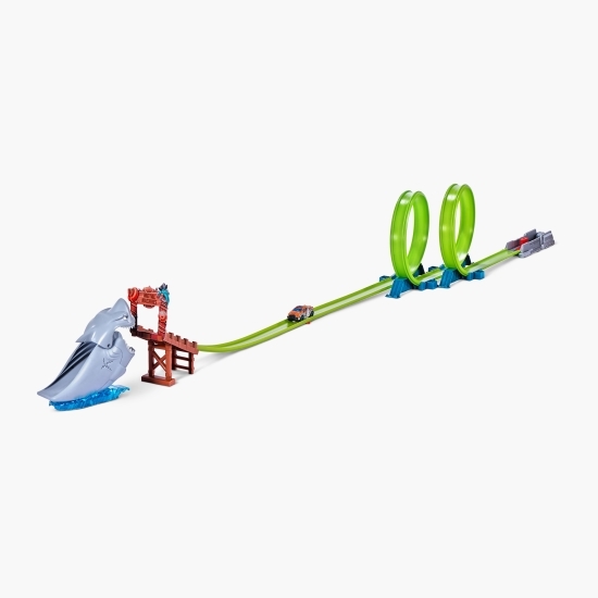 Set pistă cu mașinuță metalică Shark Attack track, +4 ani