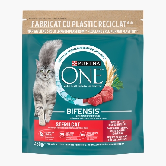 Hrană uscată pentru pisici sterilizate, 450g, One cu vită și grâu