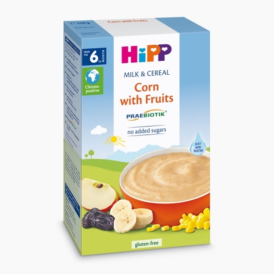 Lapte & Cereale - porumb cu fructe, fără zahăr adăugat, fără gluten, +6 luni, 250g