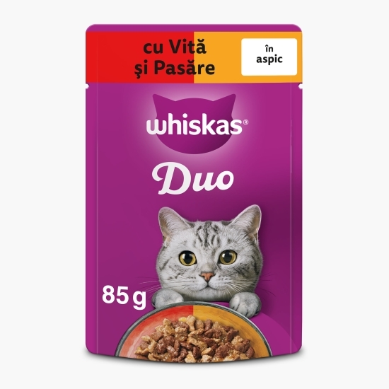 Hrană umedă pentru pisici, 85g, cu vită și pasăre în aspic