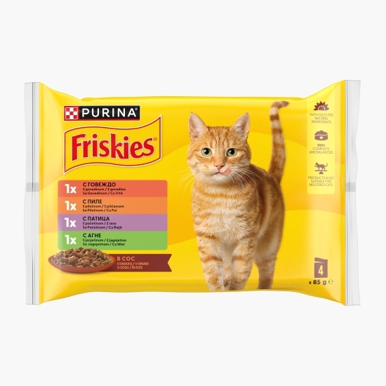 Hrană umedă pentru pisici adulte, 4x85g,cu pui, vită, miel și rață în sos