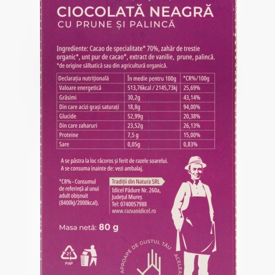 Ciocolată neagră cu prune și palincă 80g