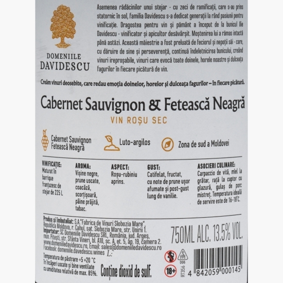 Vin roșu sec Cabernet Sauvignon & Fetească Neagră, 13.5%, 0.75l