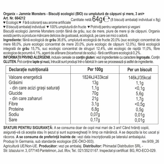 Biscuiți ECO pentru copii, cu umplutură de căpșuni și mere, +3 ani, 64g