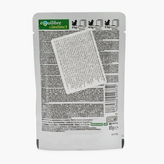 Hrană umedă pentru pisici, 85g, cu vită, mazăre și fasole verde