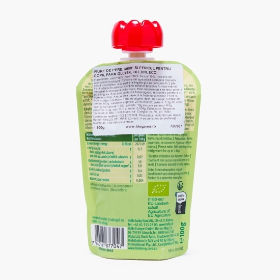 Piure ECO de pere, mere și fenicul pentru copii, +6 luni, 100g