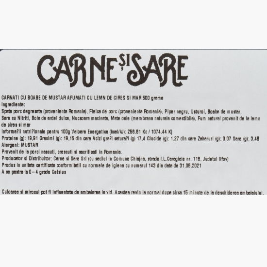 Cârnați cu boabe de muștar afumați cu lemn de cireș și măr 500g