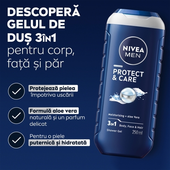 Gel de duș bărbați Protect & Care 3în1, pentru corp, față și păr, 0.25l