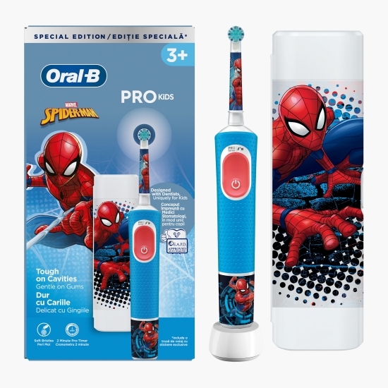 Periuță de dinți electrică Pro Kids Spider-Man2 moduri de periaj, 1 capăt, 4 autocolante, trusă de călătorie, pentru 3+ ani