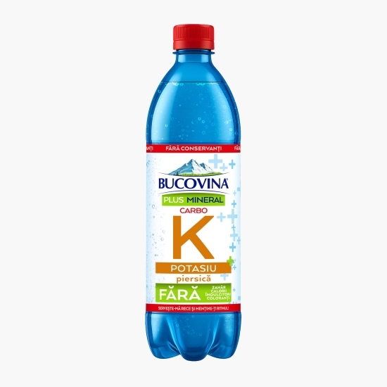 Apă minerală carbohidratată Plus Mineral Carbo Potasiu, cu gust de piersică 600ml