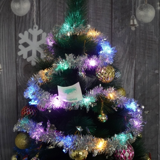 Beteală Crăciun cu LED, argintie, model cu fulgi de nea, 2m x 5cm