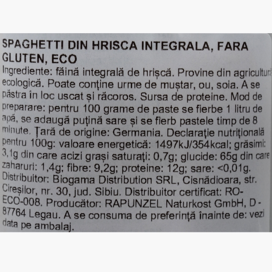 Paste Spaghetti ecologice din hrișcă integrală, fără gluten, 250g