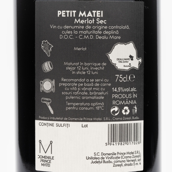 Vin roșu sec Merlot Petit Matei, 14.5%, 0.75l