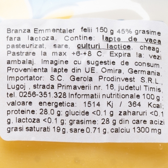 Brânză Emmentaler felii fără lactoză 45% grăsime 150g