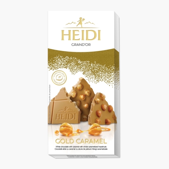 Ciocolată albă cu caramel cu alune de pădure întregi caramelizate 100g