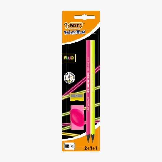Set 2 creioane grafit HB Evolution Fluo + 1 radieră + 1 ascuțitoare, diverse culori