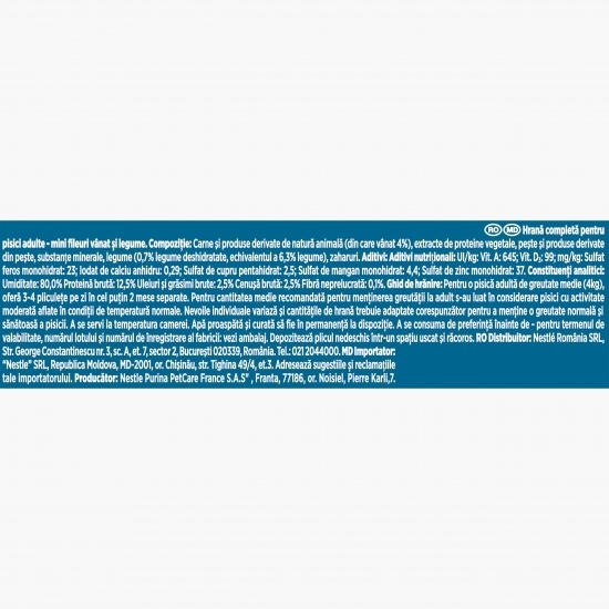 Hrană umedă pentru pisici, 85g, mini fileuri în sos, vânat și legume