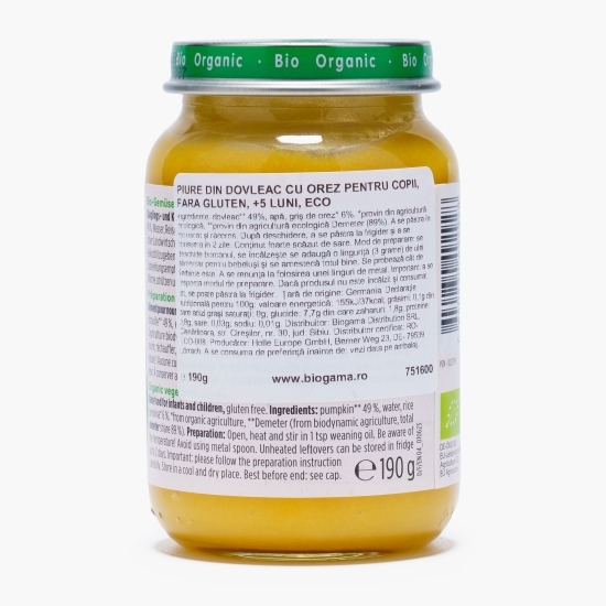 Piure ECO din dovleac cu orez pentru copii, fără gluten, +5 luni, 190g