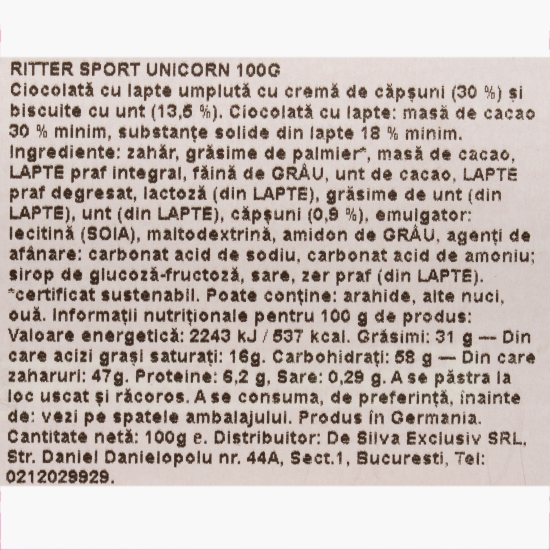 Ciocolată cu umplutură de căpșuni și biscuiți cu unt Unicorn, 100g