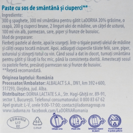 Smântână lichidă UHT pentru gătit, 20% grăsime, 0.5l