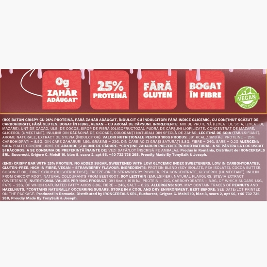 Baton crispy cu aromă de căpșuni, 25% proteină, fără zahăr adăugat, 40g