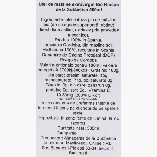 Ulei de măsline extravirgin eco Rincon de la Subbetica DOP, by Măslinescu, 500ml 
