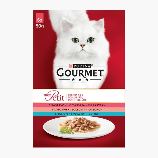 Hrană umedă pentru pisici, 6x50g cu somon, ton, păstrăv în sos 