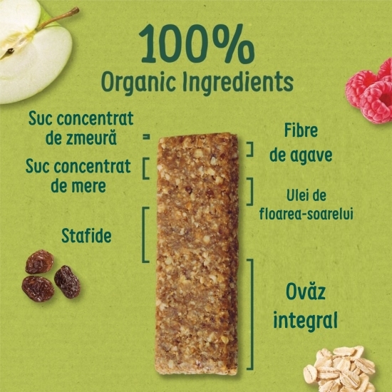 Batoane ecologice din ovăz integral cu mere și zmeură, 6x23g, 12+ luni