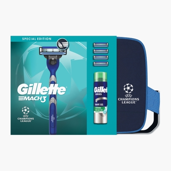 Set cadou UEFA Champions League Special Edition Mach3 (aparat de ras + mâner + 3 rezerve + spumă de ras Sensitive cu aloe vera 200ml