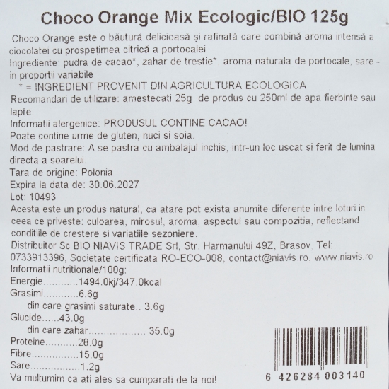 Ciocolată caldă cu portocale Choco Orange Mix, ecologică 125g