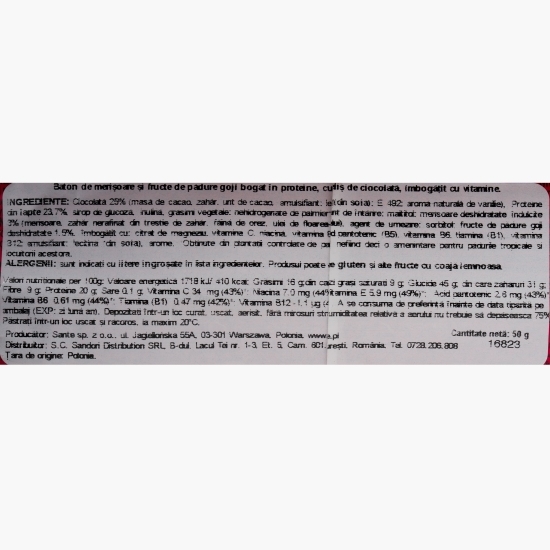 Baton proteic cu merișoare, goji și ciocolată, 50g