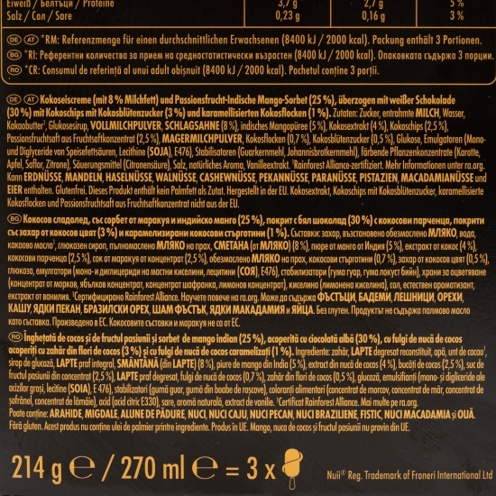 Înghețată de cocos, fructul pasiunii și sorbet de mango indian, 3x71.3g