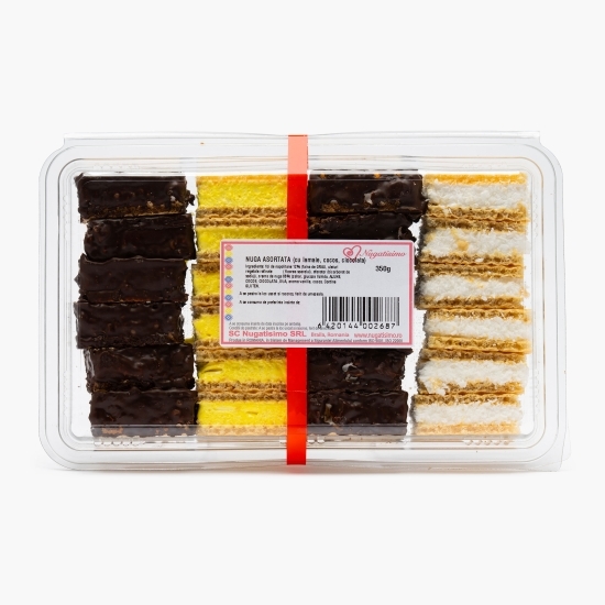 Nuga asortată cu lămâie, cocos și ciocolată, 350g