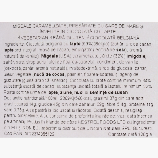 Migdale caramelizate, cu sare de mare, în ciocolată belgiană cu lapte 120g