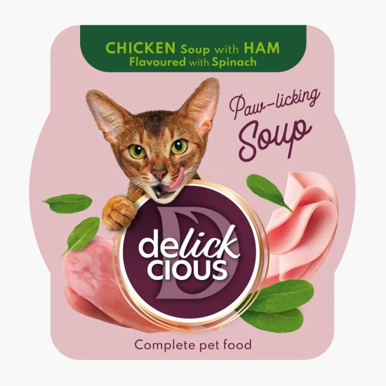 Hrană umedă complementară pentru pisici, supă de pui cu șuncă și spanac, 80g