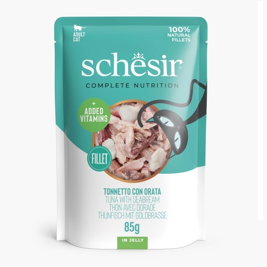 Hrană umedă pentru pisici, 85g, file de ton și biban în jeleu