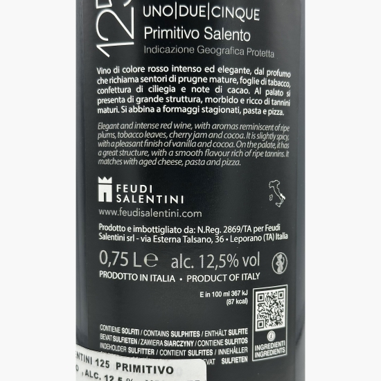Vin roșu sec 125 Primitivo Salento IGP, 12.5%, 750ml