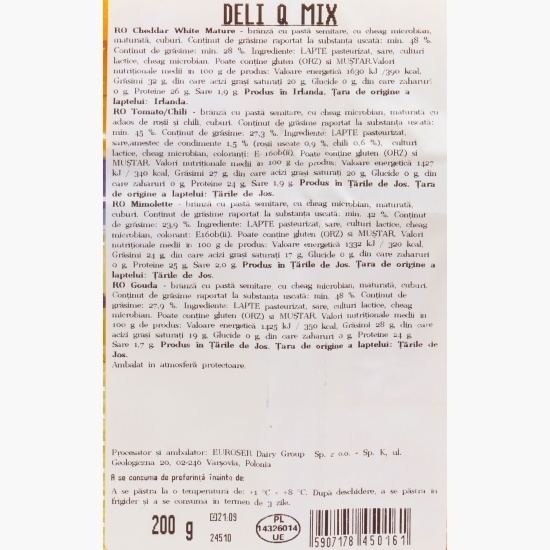 Selecție mix cu Cheddar alb maturat, Gouda, Mimolette, brânză cu roșii și chili 200g
